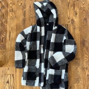 Plaid black and white hooded sherpa